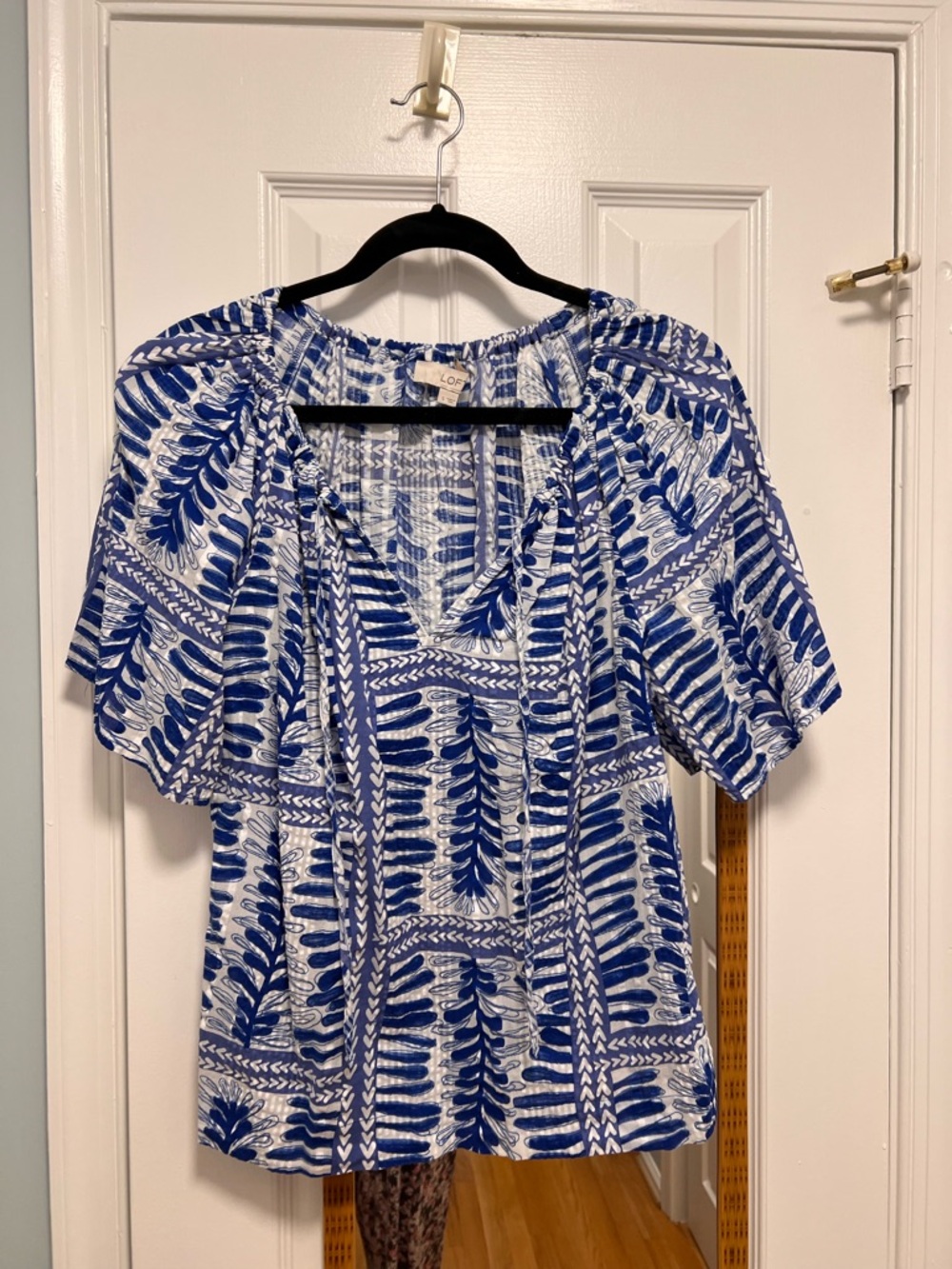 LOFT White and Blue Printed Peasant Blouse